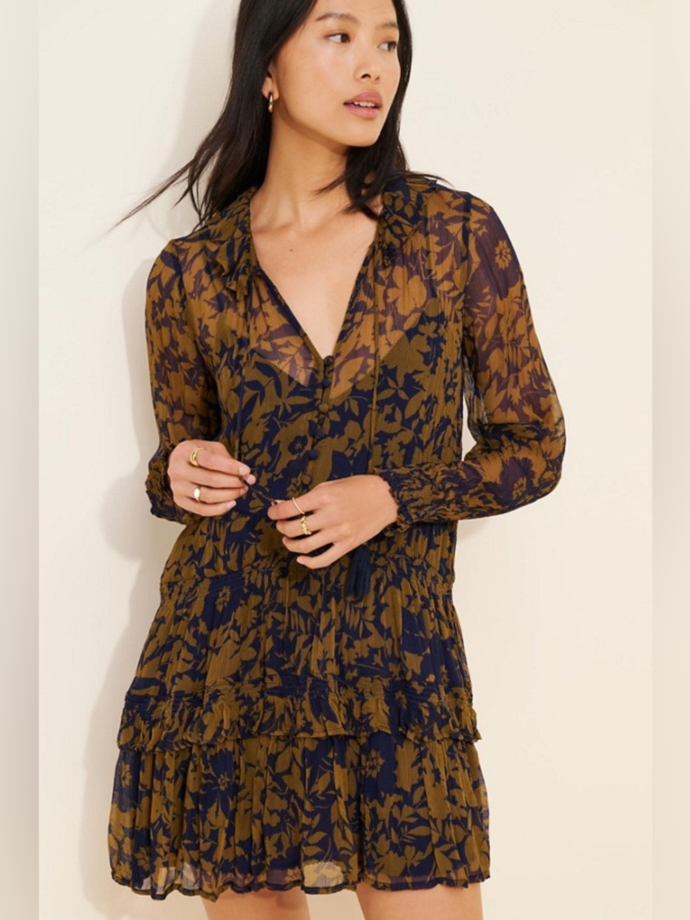 Anthropologie Olive and Navy Floral Tiered Long-Sleeve Tunic